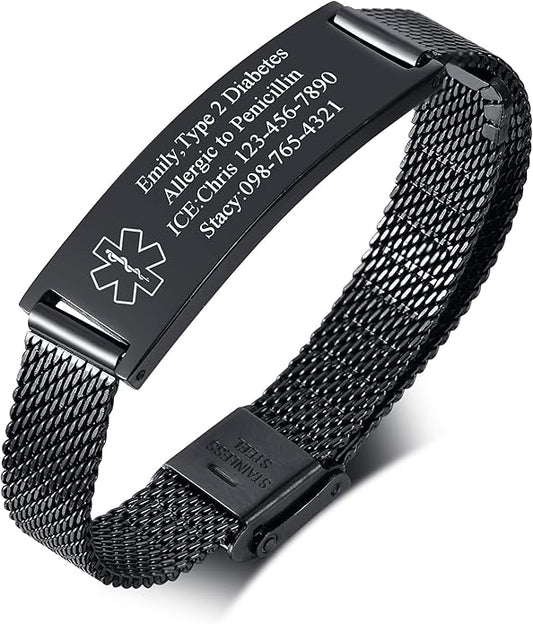 VNOX Medical Alert Bracelets for Men & Women Kids with Free Engraving Adjustable Stainless Steel Mesh Emergency Medical ID Bracelets Wristband