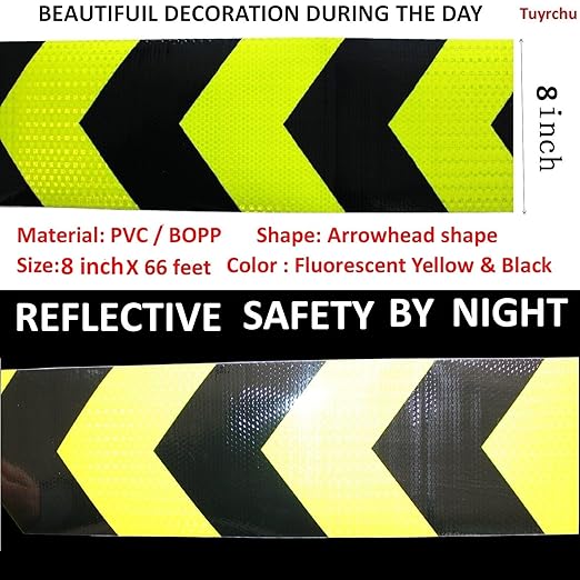 Reflective Tape Outdoor Waterproof 8 inch X 66 feet, High Visibility Hazard Conspicuity Warning Safety Industrial Marking Tape
