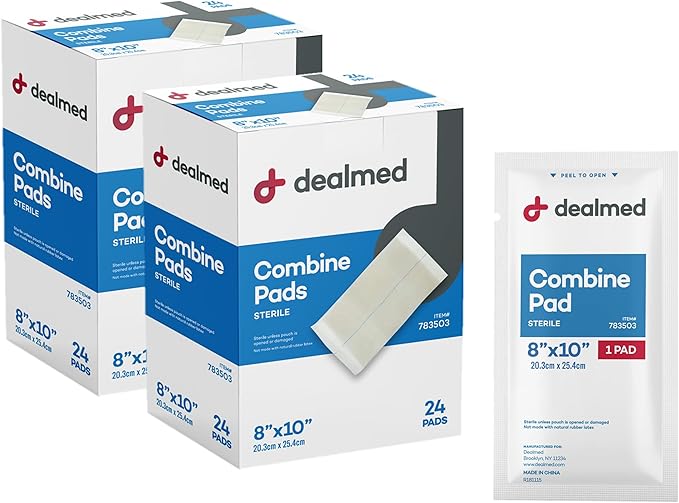 Dealmed Abdominal Combine Pads 8"x10" (48-Pack) Sterile Individually Wrapped, ABD Pads, Absorbent, Non Adherent for Wound Care, Drainage, First Aid, 24/Box (2 Pack)