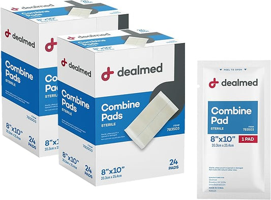 Dealmed Abdominal Combine Pads 8"x10" (48-Pack) Sterile Individually Wrapped, ABD Pads, Absorbent, Non Adherent for Wound Care, Drainage, First Aid, 24/Box (2 Pack)