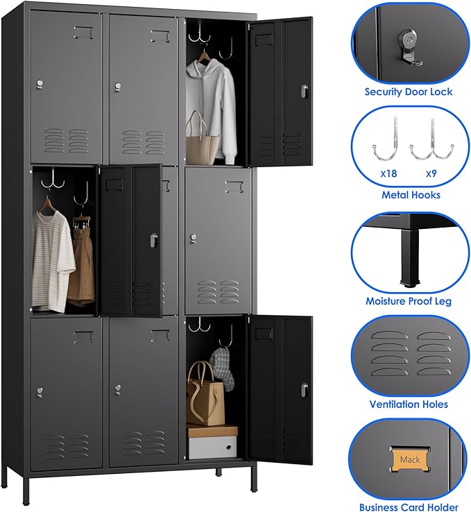 Metal Lockers for Employees with 9 Doors and 27 Hooks, 72”H Storage Locker with Card Slot for Office Gym School Bedroom, Black, Assembly Required