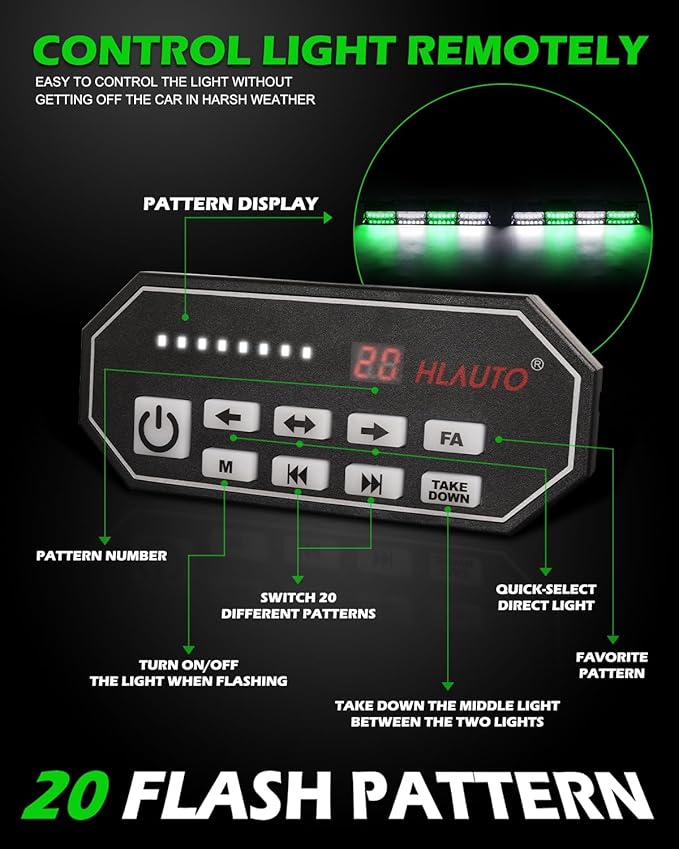 HLauto 604N Emergency Dash Strobe Lights: 2x16.8 inch Green White Security Light with/Take Down, 48 LED Safety Flashing Warning Hazard Interior Windshield Light Bar for Trucks Vehicles