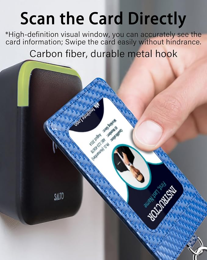 Carbon Fiber Work ID Card Holder with Lanyard is a Stylish and Durable Card Holder with Dual Card Capacity, Clear Display Window and Privacy Back Pocket (Blue)