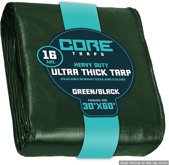 Core Tarps Extra Heavy Duty 16 Mil Tarp Cover, Waterproof, UV Resistant, Rip and Tear Proof, Poly Tarpaulin with Reinforced Edges for Roof, Camping, Patio, Pool, Boat (Green/Black 30′ X 60′)