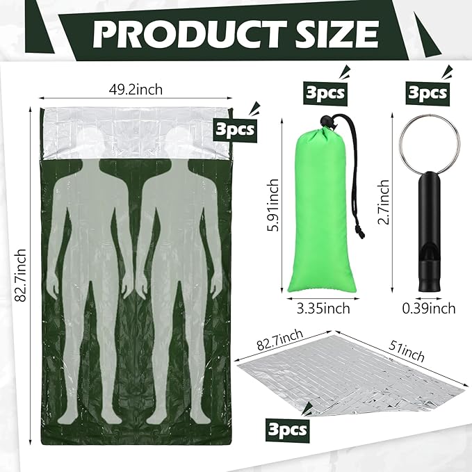 6 Pack 82.7" x 49.2" Emergency Sleeping Bag Emergency Thermal Blanket Survival Bivvy Sack Blanket with Whistle Waterproof Lightweight Portable Shelter for Outdoor Camping Hiking