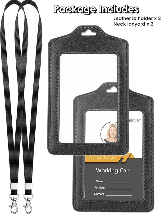 Teskyer 2 Pack Double Sided Clear Badge Holder with Lanyard, PU Leather ID Badge Name Card Holder with Stainless Steel J-Hook Nylon Lanyard for Work, School, Metro, Access, Black