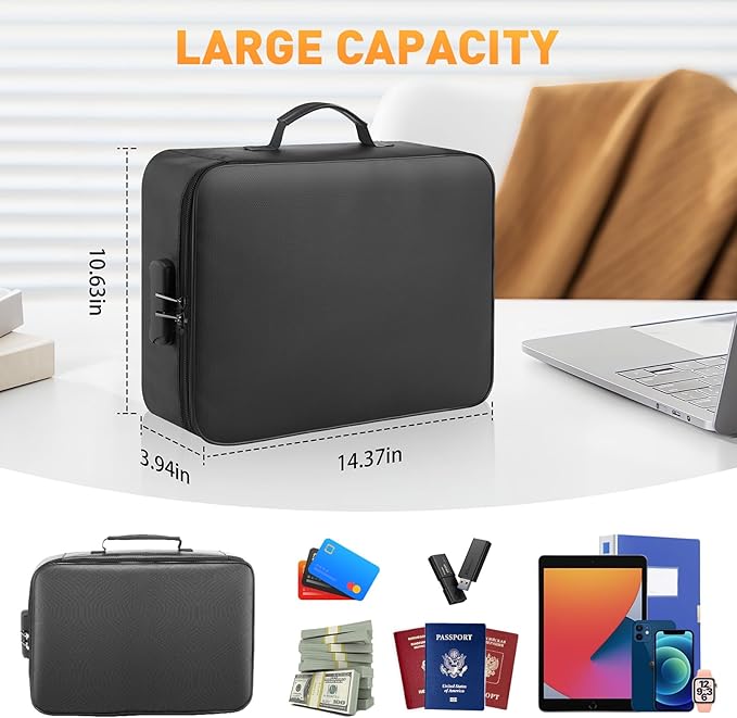 Fireproof Waterproof Document Bag with Lock - Kanhiro Upgraded Fireproof File Organizer, Portable Safe Box And File Box For Home Travel, Important Document Organizer For Passport, Certificates, Laptop