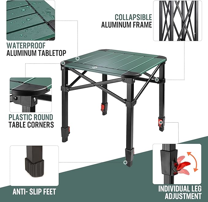 VILLEY Folding Camping Square Table with Carry Bag, Lightweight Aluminum Adjustable Square Table for Outdoor, Camping, Picnic, Backyards, BBQ (S)