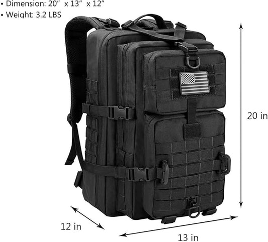 MOLLE Assault Backpack, Tactical Backpack Military Army Camping Rucksack, 3-Day Pack, D-Rings, Black with Gray Patch