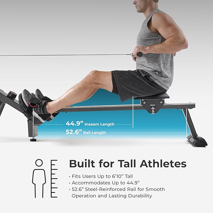 Sunny Health & Fitness Premium Smart Air & Magnetic Resistance Rowing Machine, Foldable Long Silding Rail Exercise Rower for Home Training, Optional Free SunnyFit App Connection