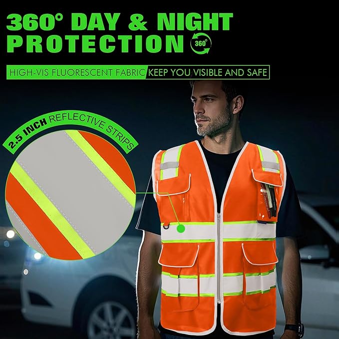 BeautyWill 10 Pack Custom Logo Safety Vest ANSI Class 2 High Visibility Reflective Vest Personalized Construction Vest Bulk