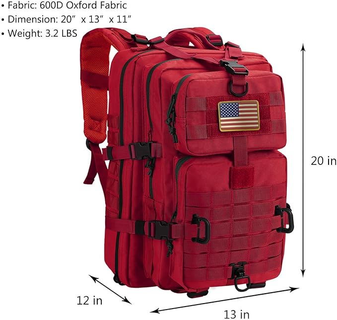 MOLLE Assault Backpack, Tactical Backpack Military Army Camping Rucksack, 3-Day Pack Trip w/USA Flag Patch, D-Rings, Red