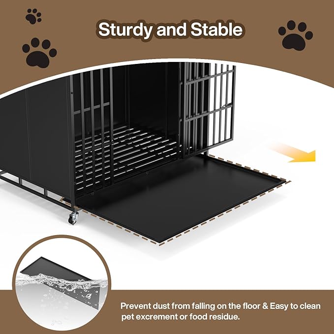 LEMBERI 48/42 inch Heavy Duty Indestructible Dog Crate, High Anxiety Extra Large Dog Cage for Large Dogs, XL Steel Escape Proof Dog Kennel with Wheels and Removable Tray