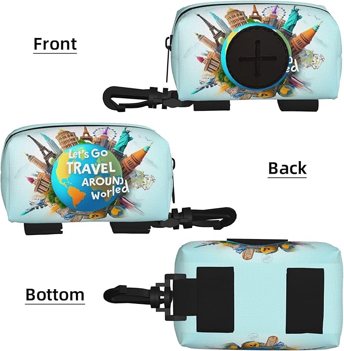 Let's go Travel Around the World Pattern Dog Poop Bag Holder for Leash Dogs Waste Bags with Carabiner Clip Pet Waste Bag for Outdoor Puppy Walking and Travel