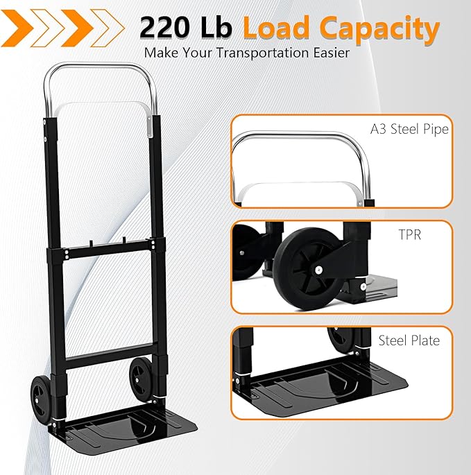 SST Folding Hand Truck with Wheels, 220 LB Capacity Portable Dolly Cart, Utility Cart with Adjustable Handle, Collapsible Dolly for Moving Travel Shopping Airport Office