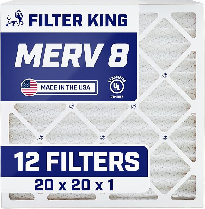 Filter King 20x20x1 Air Filter | 12-PACK | MERV 8 HVAC Pleated A/C Furnace Filters | MADE IN USA | Actual Size: 19.5 x 19.5 x .75"