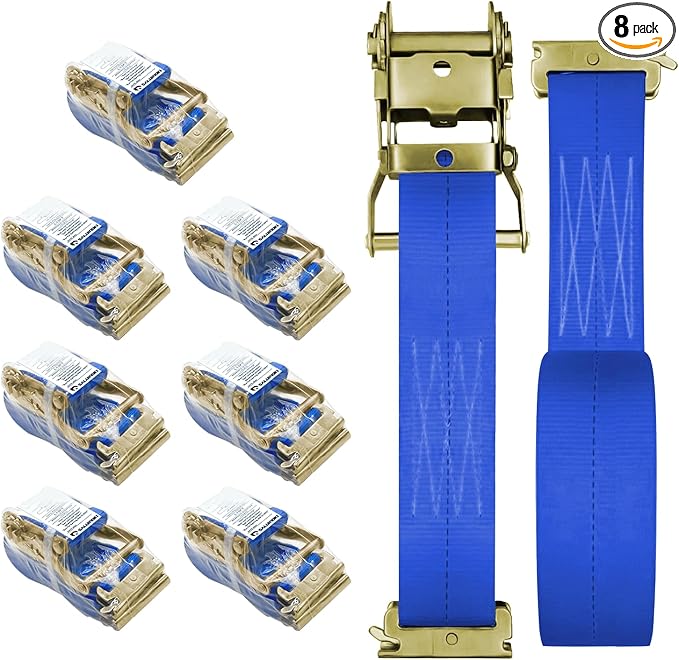 8Pack E-Track Straps Ratchet Etrack Strap Box Truck Strap Tie Down Heavy Duty 2" x15' 4400lbs Breaking Load, 2200 Working Load E-Track Accessories Blue