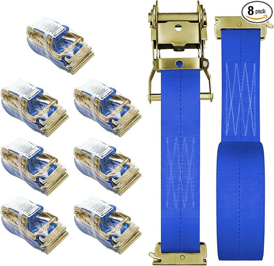 8Pack E-Track Straps Ratchet Etrack Strap Box Truck Strap Tie Down Heavy Duty 2" x15' 4400lbs Breaking Load, 2200 Working Load E-Track Accessories Blue