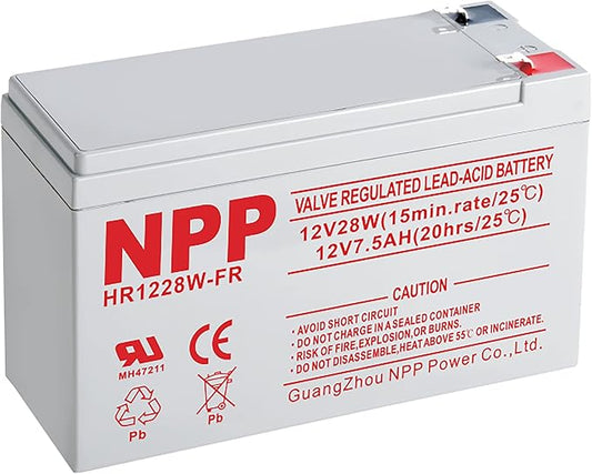 NPP HR1228W 12V 7.5Ah Rechargeable AGM Battery – High Rate 168Watts 28Watt/Cell F2 Terminal UPS Replacement for 12Volt 7Ah 8Ah Alarm, Emergency Light (Flame Retardant)