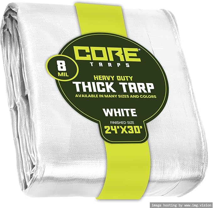 Core Tarps Heavy Duty 8 Mil Tarp Cover, Waterproof, UV Resistant, Rip and Tear Proof, Poly Tarpaulin with Reinforced Edges for Roof, Camping, Patio, Pool, Boat. (White 24′ X 30′)