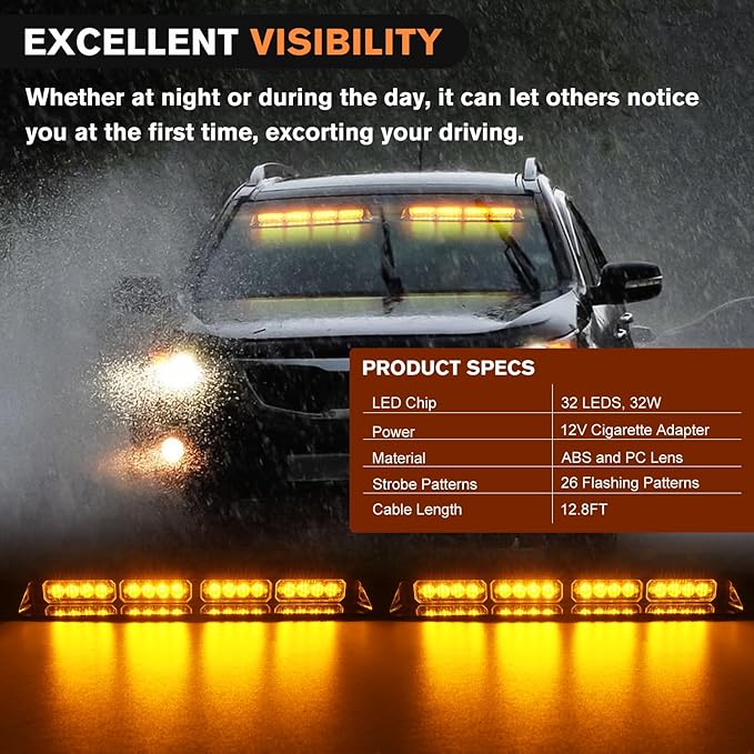 Nilight 32LED Amber Emergency Dash Strobe Lights with Controller Suction Cups Warning Hazard Interior Front/Rear Windshield Deck Split Light Bar for Trucks Construction Vehicles