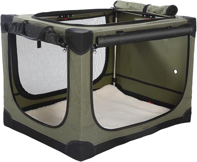 33-Inch Collapsible Travel Dog Crate, Portable 4-Door Soft Kennel for Medium to Large Dogs, Chew-Proof Mesh Windows, Indoor/Outdoor Use, Foldable, with Storage Bag (Green)