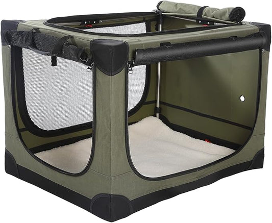 33-Inch Collapsible Travel Dog Crate, Portable 4-Door Soft Kennel for Medium to Large Dogs, Chew-Proof Mesh Windows, Indoor/Outdoor Use, Foldable, with Storage Bag (Green)