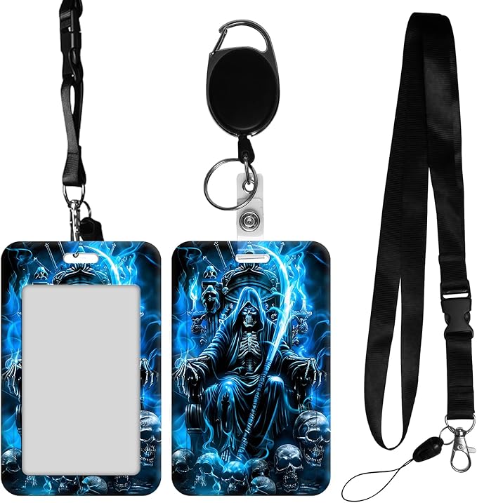 ID Badge Holder with Retractable Lanyard for Women & Men,Vertical ID Card Holder Wallet,Clear Window&Card Slot,Detachable Neck Strap for Nurse Teacher Office,Blue Fire Skull Spirit Rider
