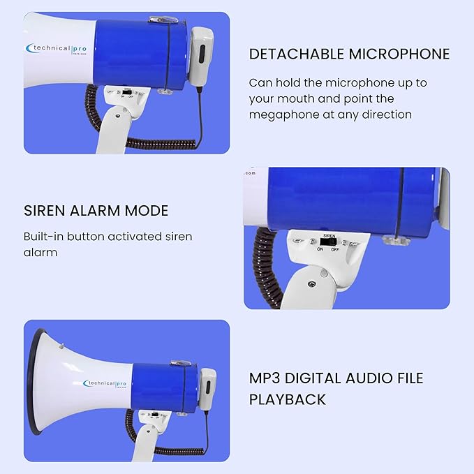 Technical Pro Rechargeable Portable 75-Watt Megaphone Bullhorn Speaker w/Siren & Detachable Microphone - Battery w/Battery a Built-in AC Wall Charger, Good for Trainers, Coaches, Cheer Leaders