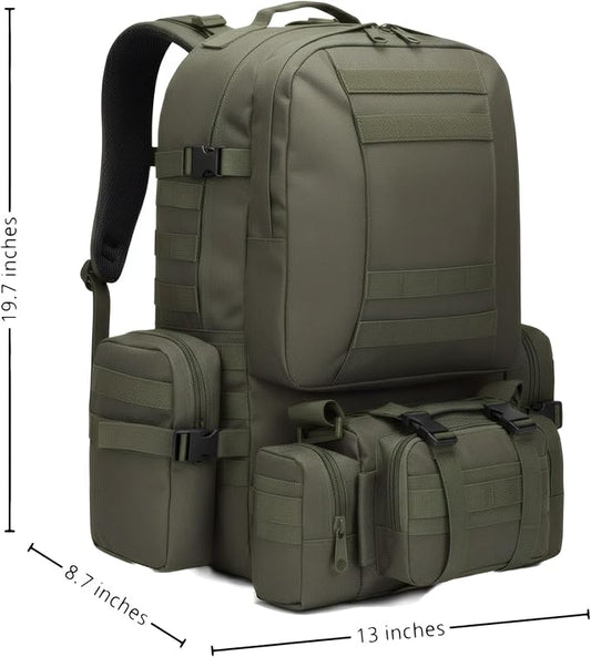 Military Tactical Backpack for Men 60L Waterproof Bug Out Bag Survival Rucksack Go Bag Emergency Molle System Army 3 Day Assault Pack for Hiking Hunting Camping Green