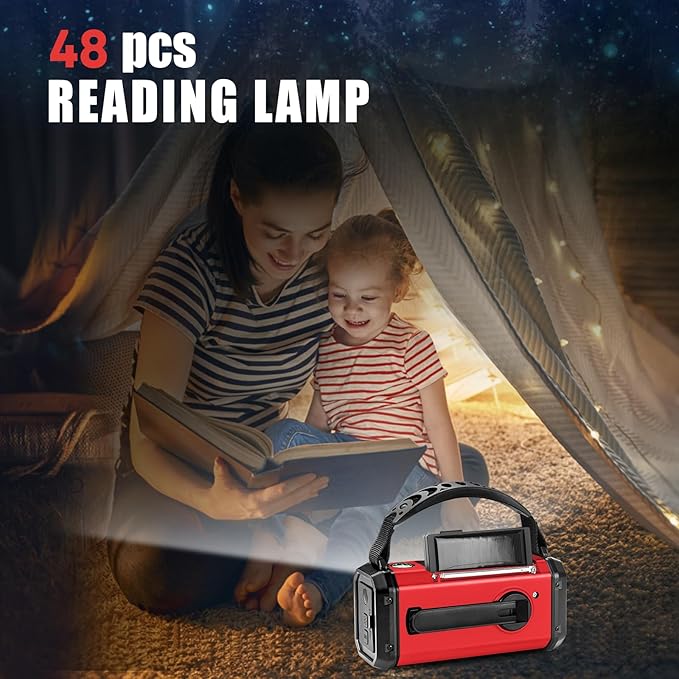 10000mAh Emergency Crank Radio, NOAA/AM/FM Weather Radio, Type-C Charge,Solar Charging,SOS, 3 Modes LED Torch, Reading Lamp, Compass for Outdoor Survival (Red)