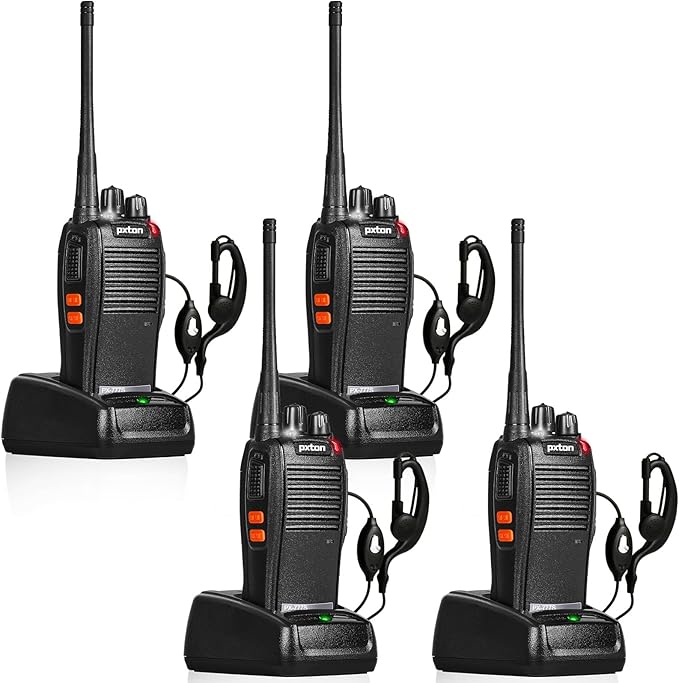 pxton 777S walkie talkies Long Range for Adults Rechargeable with Earpieces and Li-ion Battery,Two Way radios has VOX/TOT/Emergency Alarm/Battery Low Alert/Flashlight/Scan Function（4 Pack）