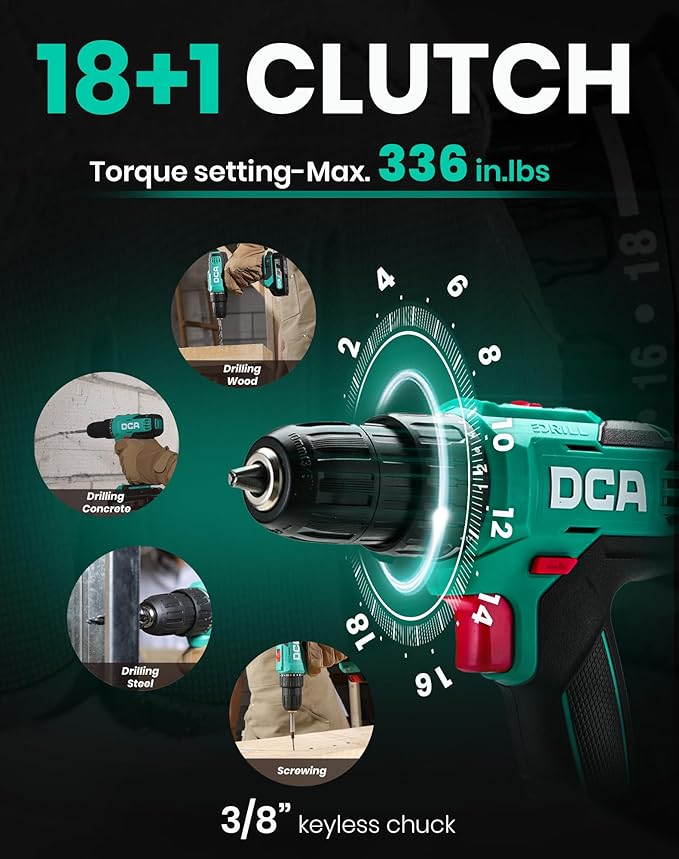 DCA Cordless Drill Set, 354 in-lbs Torque, 3/8" Keyless Chuck, Electric Power Drill with 2.0Ah Battery and Charger,18+1 Position,25-Piece 20V Drill Driver Kit, ADJZ2035