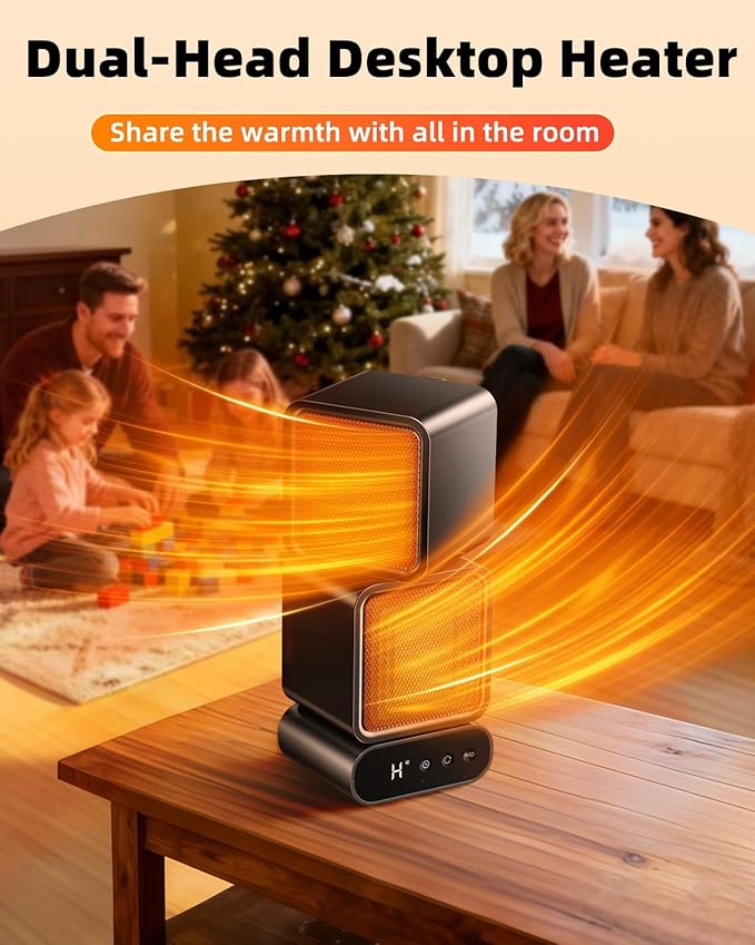 Portable Dual-Head Space Heater, 270° Manual Rotation, Auto Oscillation 45°/90°/120°, Energy Efficient Desktop Heater with Remote, 3 Modes, 5 Timer for Indoor Office Home Bedroom Use