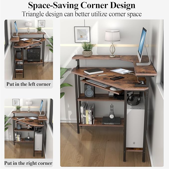 Auromie Corner Desk with Charging Station & LED Light, Triangle Corner Desk with Monitor Stand & Keyboard Tray for Small Space, Gaming Computer Desk with Storage Shelves for Home Office (Rustic)