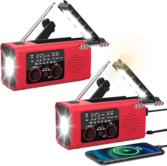 Emergency Weather Radio NOAA AM FM WB with 4000mAh Rechargeable Radio, USB Solar Hand Crank Charging, Flashlight, SOS Alarm, Reading Lamp Portable for Outdoor Indoor Emergencies, 2 Pack