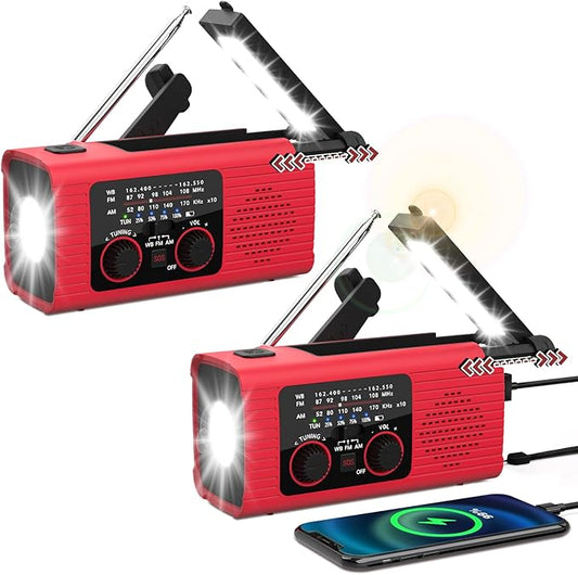 Emergency Weather Radio NOAA AM FM WB with 4000mAh Rechargeable Radio, USB Solar Hand Crank Charging, Flashlight, SOS Alarm, Reading Lamp Portable for Outdoor Indoor Emergencies, 2 Pack