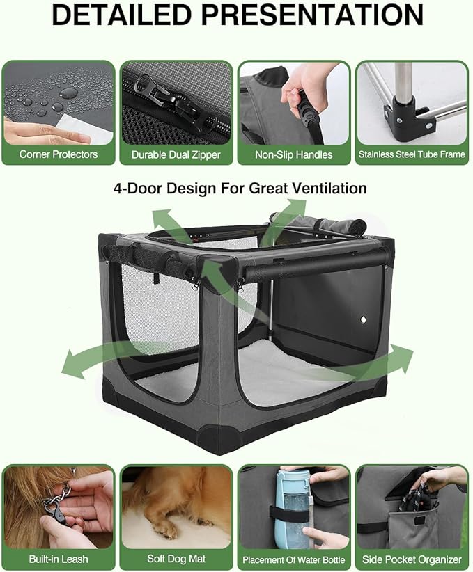 33 Inch Collapsible Travel Dog Crate for Medium Large Dogs, Portable Dog Crate 4-Door Foldable Soft Kennel with Durable Mesh Windows for Indoor & Outdoor Travel, with Storage Bag,Grey