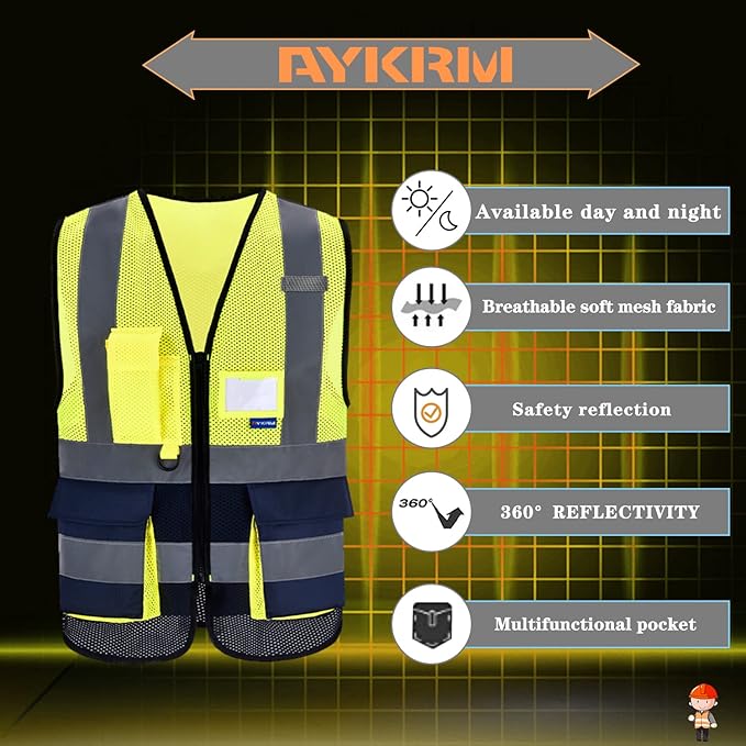 A-SAFETY High Visibility Mesh Safety Reflective Vest with Pockets and Zipper,Hi Vis Viz Reflective Safety Vest(Yellow&Navy Mesh L)
