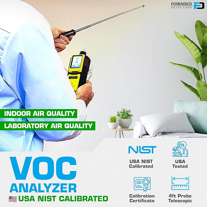 Volatile Organic Compounds VOC Detector by Forensics | USA NIST Calibrated & Certificate | USB Recharge | 0-100ppm VOC | Built-in Pump & 4ft Probe |