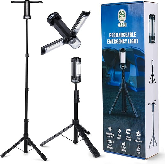 Rechargeable 10000mAh Camping Lights with Stand 6.5 ft Max Height, Cordless Work Light with 4 LED Lamp, 2200 Lumens Dimmable Camping Essentials Gear with Detachable Tripod, Black