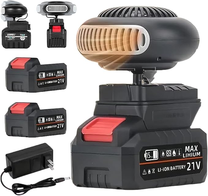 Battery Operated Heater, Battery Powered Heater, with 1500mah Batterys Anti-Tilt, Quiet Long Heating, Car Window Defogger Phone Charging for Camping/Car (Black+Battery*2)