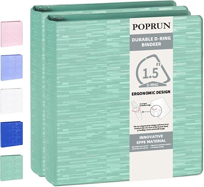 POPRUN 3 D Ring Binder 1.5 Inch, PVC-Free, Holds 375 Sheets of 8.5 x 11 Paper, Extra Durable Organizer with 2 Pockets for School & Office, Heavy-Duty, 2 Pack, Midnight Green