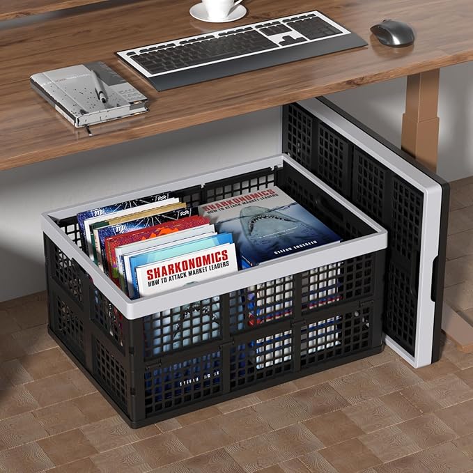 4 Packs 66 L Plastic Collapsible Storage Crates, Large Folding Stackable Crate
