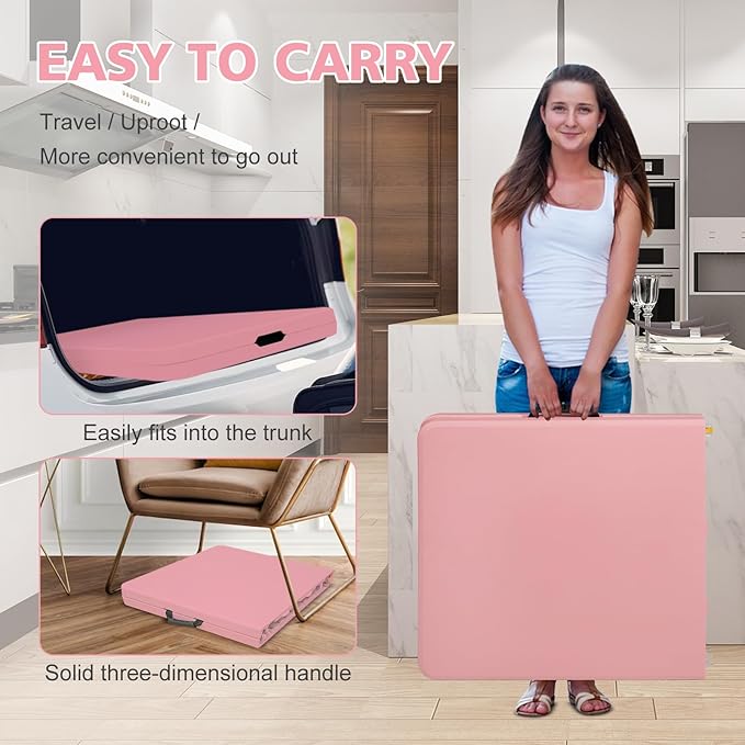 Portable 4Ft Adjustable Height Plastic Folding Table, Heavy Duty Fold-in-Half Table with Carrying Handle, Small Utility Foldable Table for Picnic Party Camping BBQ, Indoor/Outdoor (Pink)