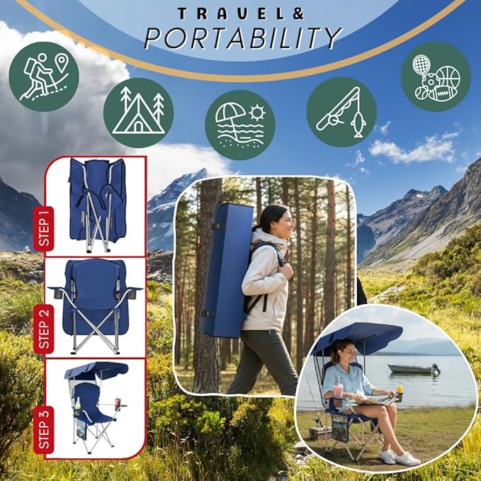 Portable Folding Camping Chairs with Canopy Shade, Beach Chair for Adults, Durable Weather Resistant 600D Oxford Cloth, Camping Chair with Canopy for Outdoors [Navy]