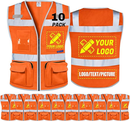 BeautyWill 10 Pack Custom Logo Safety Vest ANSI Class 2 High Visibility Reflective Vest Personalized Construction Vest Bulk
