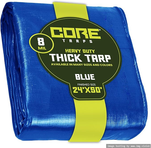 Core Tarps Heavy Duty 8 Mil Tarp Cover, Waterproof, UV Resistant, Rip and Tear Proof, Poly Tarpaulin with Reinforced Edges for Roof, Camping, Patio, Pool, Boat. (Blue 24′ X 50′)