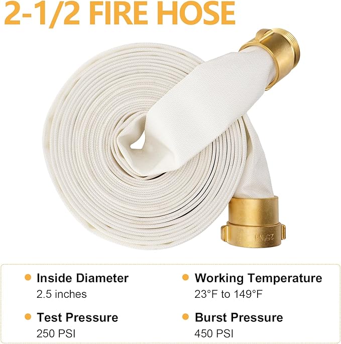 Fire Hose, 2-1/2" ID X 50 FT, Single Jacket TPU, 450 PSI Burst Pressure, Industrial Fire Hose with NST/NH Brass Couplings for Indoor Use