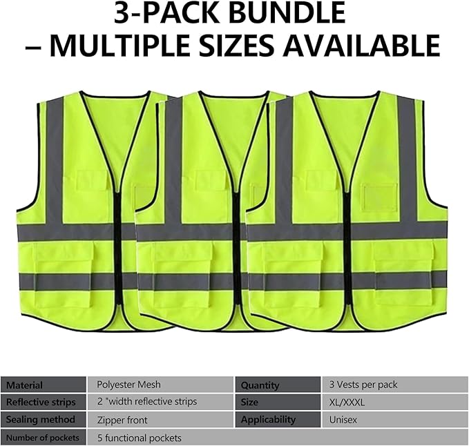 DME&SMS 3-Pack High Visibility Safety Vests, Reflective Strips, Zipper Front, Mesh Hi Vis Vest (Fluorescent Green)